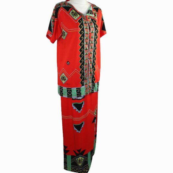 Paganne Gene Berk Signed Red Tribal Art Deco Vintage Maxi Skirt Size 12 - Picture 4 of 9